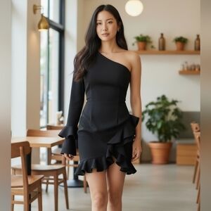 Cinq a sept black Mini dress Size 4 Ruffle‎ Cocktail Wedding Guest Luxury Party